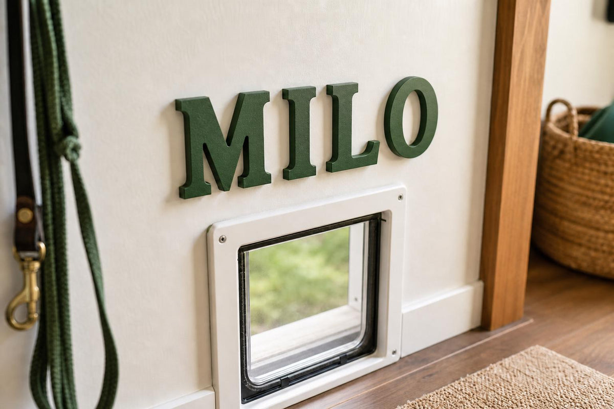 Pawprint Place Raised Letter Set spelling Milo above a doggy door, showing the dimensional green sidewalls.