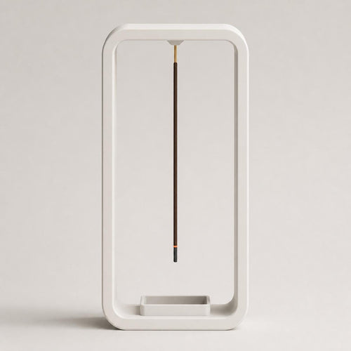 Straight-on close-up of a White AeroCinder suspended incense stand with its fitted ash tray