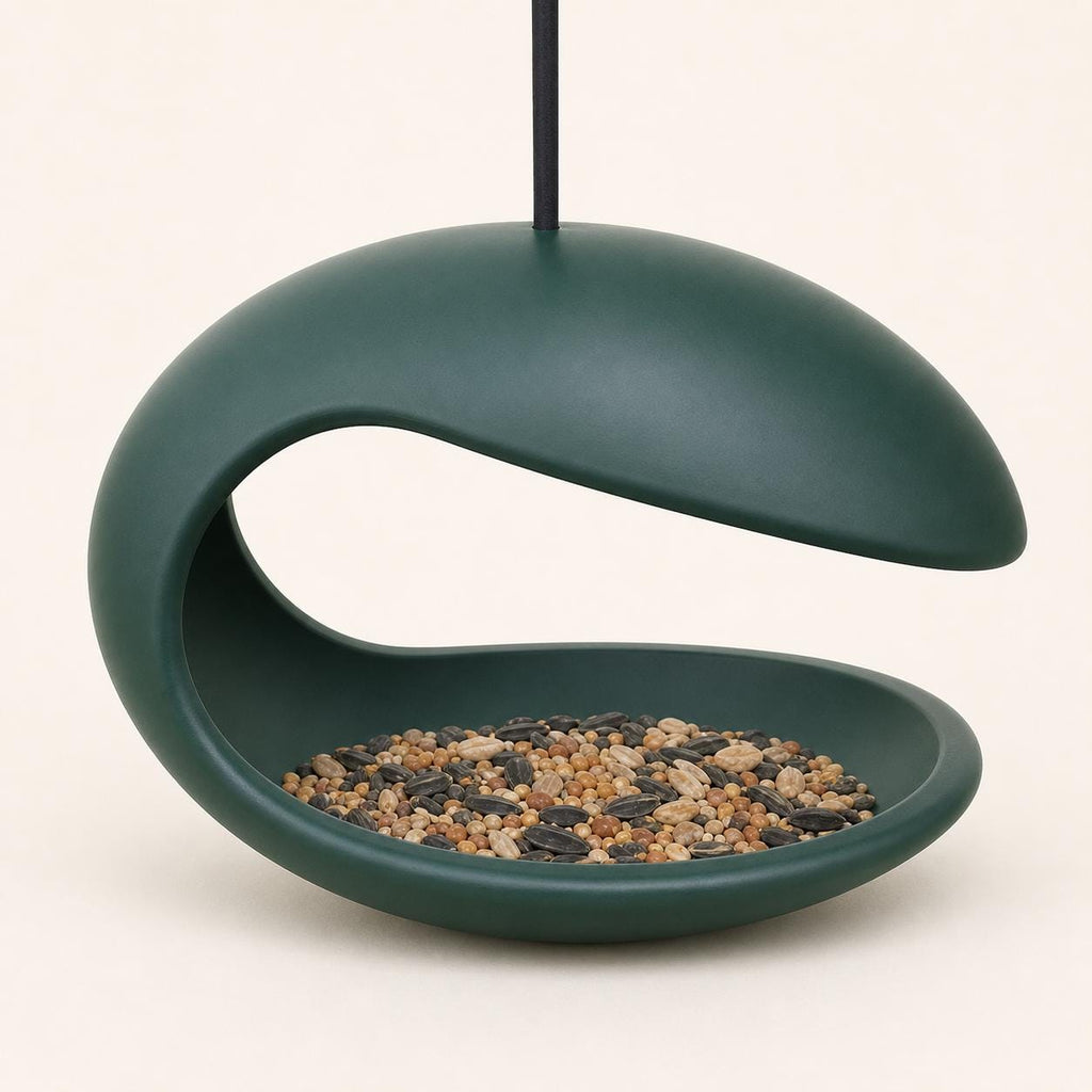 Front view of the Forest Green Mooncurve Haven feeder and covered seed bowl