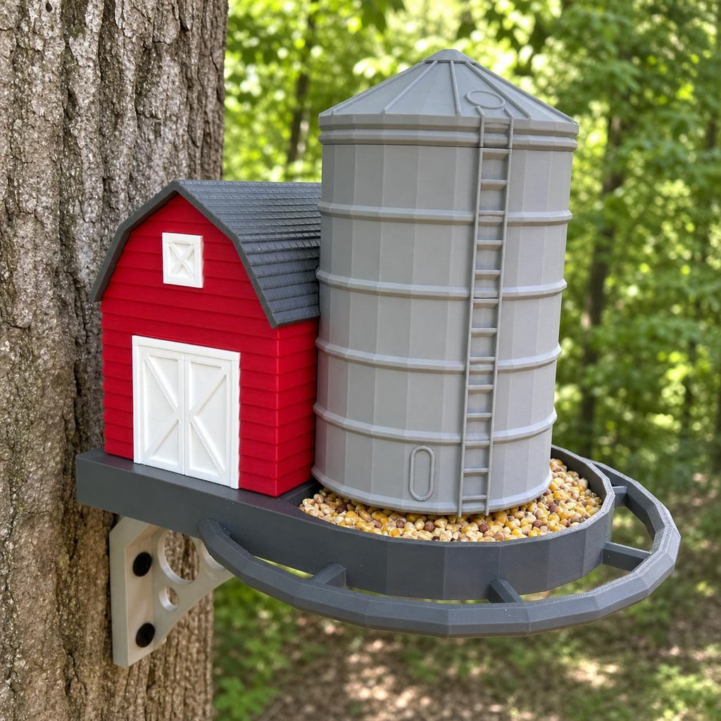 Classic Farm Meadowridge Granary feeder with Red barn, White trim, Gray silo, and Dark Gray structure