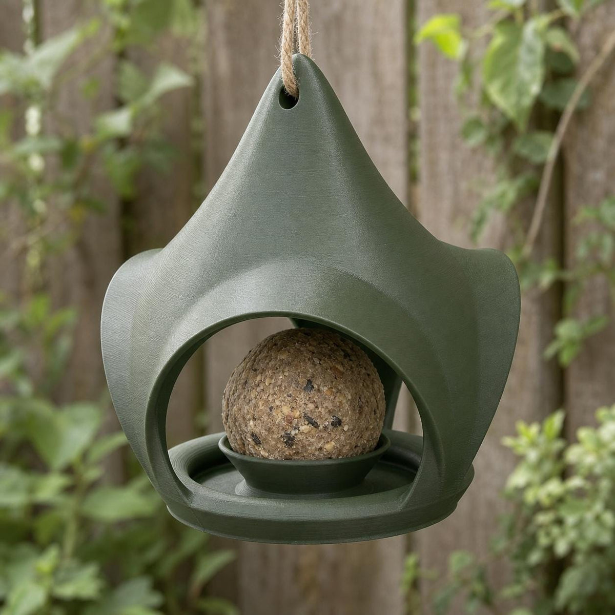 Forest Green Crownveil hanging suet feeder close up in a leafy garden