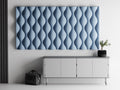 Close-up blue HaloWeave rounded relief tile arrangement mounted above a modern console
