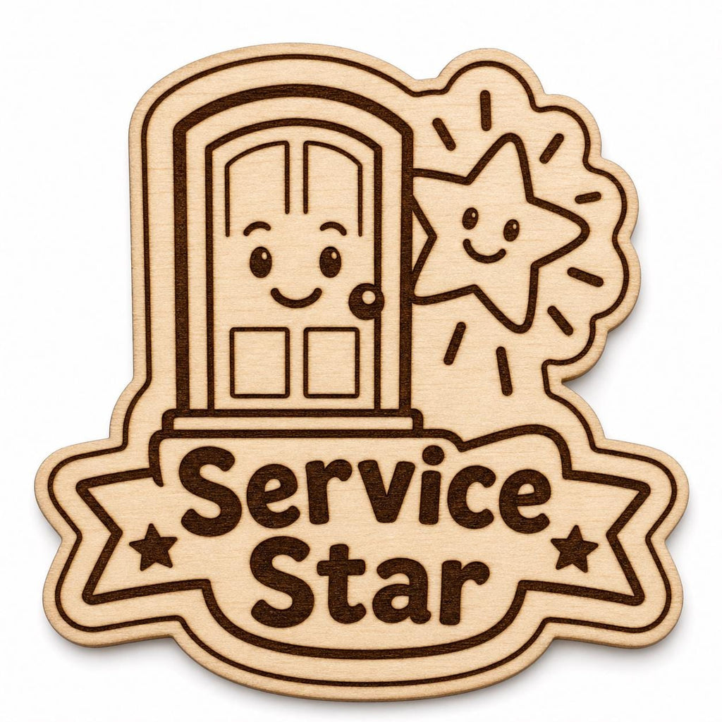 Bright Door Service Star engraved birch reward badge with Service Star artwork shown close up on white.