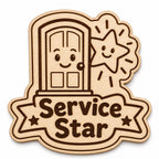 Bright Door Service Star engraved birch reward badge with Service Star artwork shown close up on white.