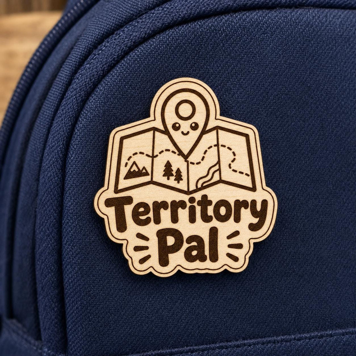 Map Mate Territory Pal engraved birch reward badge shown close up in a realistic ministry setting.