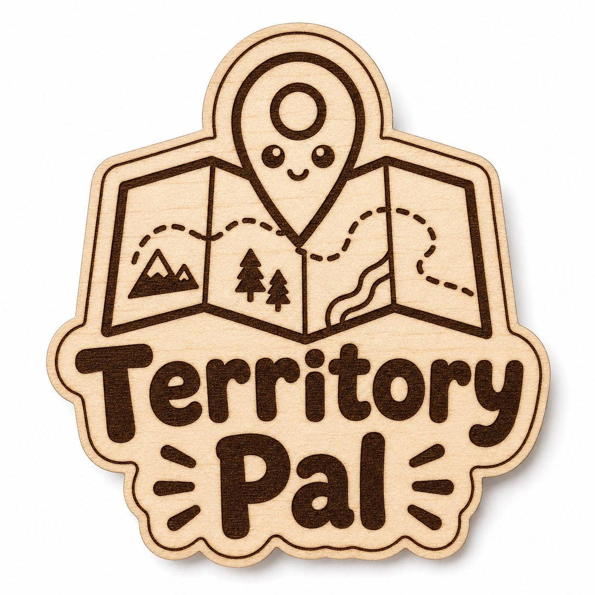 Map Mate Territory Pal engraved birch reward badge with Territory Pal artwork shown close up on white.