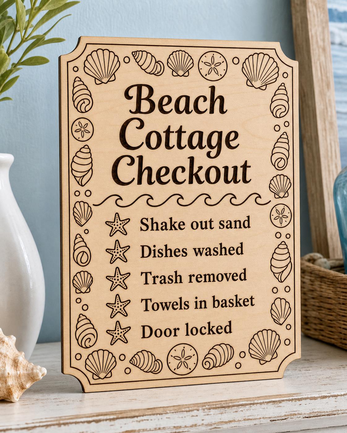 ShoreStay engraved birch beach cottage checkout sign upright on a coastal console in a tight close-up.