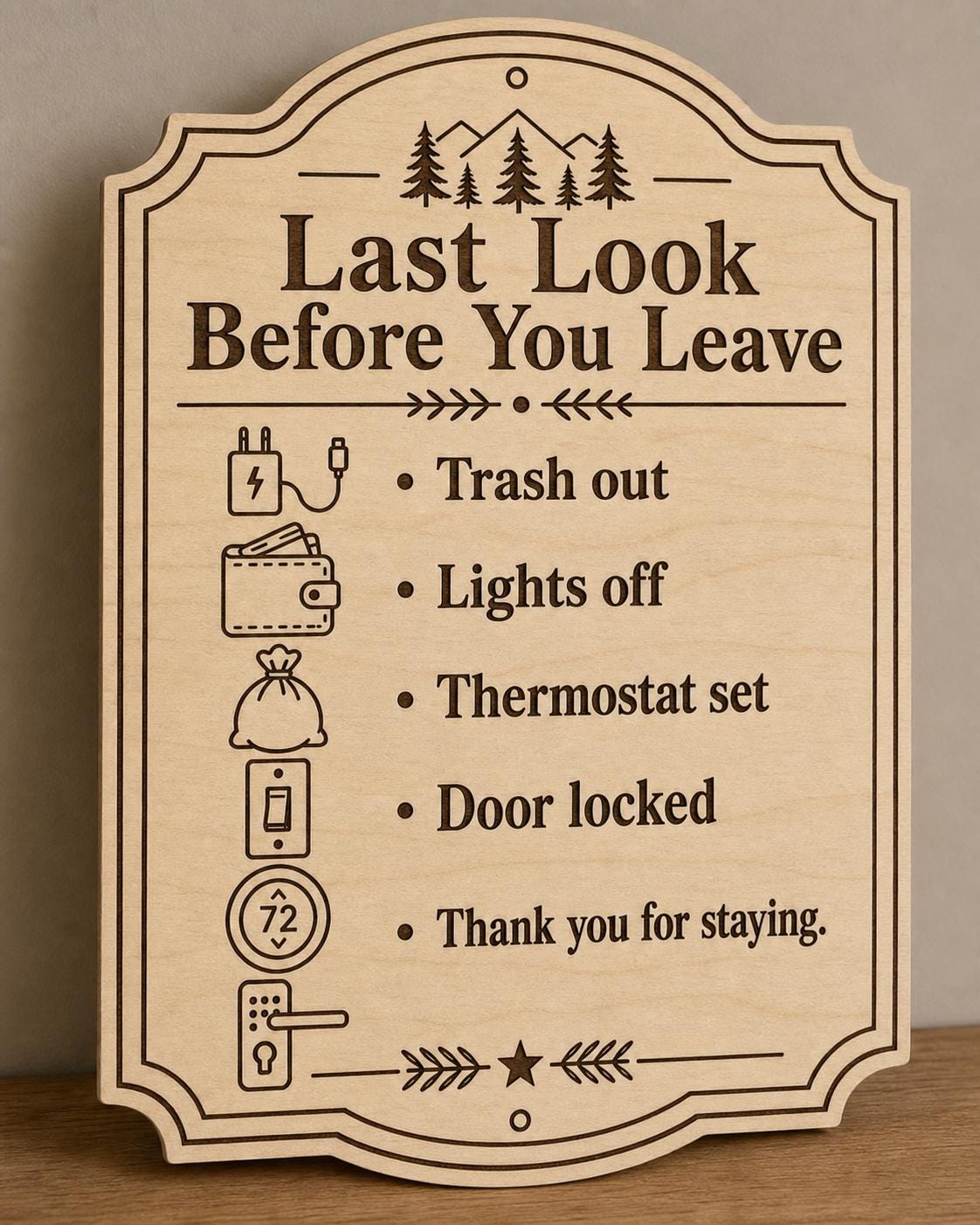 SummitStay engraved birch last look checklist upright on a mountain-rental entry table in a tight close-up.