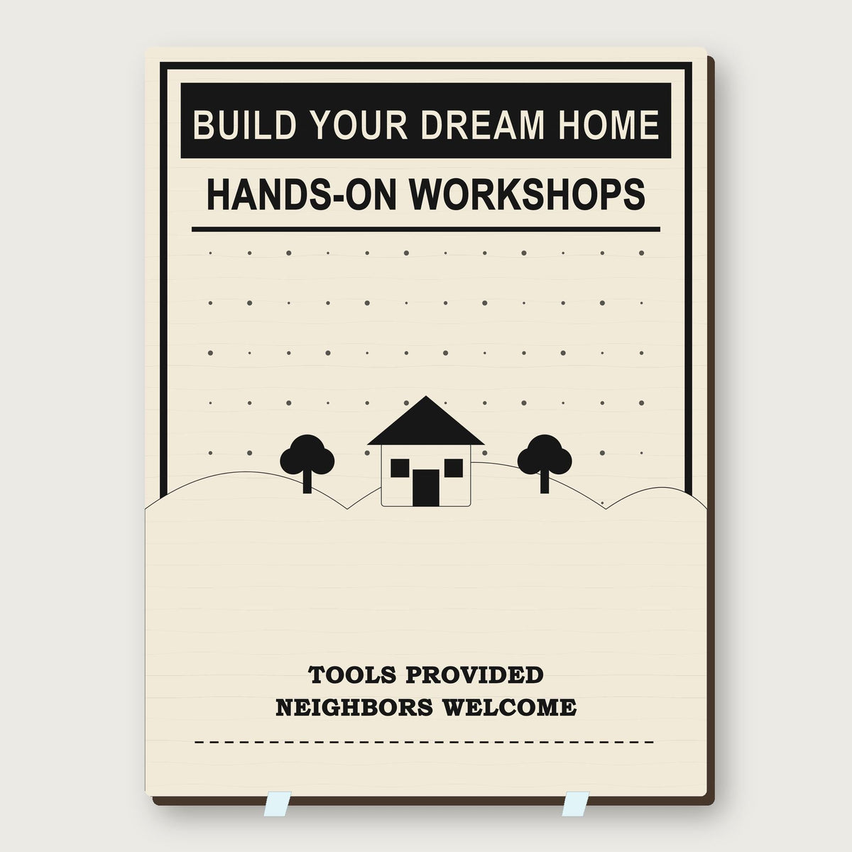 Dream Home Workshop poster plaque shown close up from the front with its original Paradise-themed design.