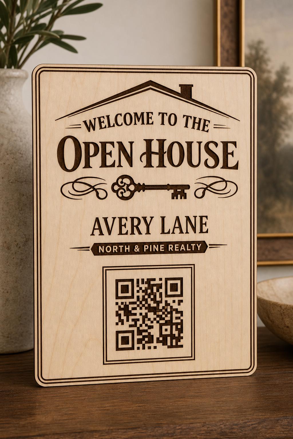 Heritage Key engraved birch agent open-house sign upright in a refined entry with Avery Lane, North and Pine Realty, and a finished sample QR code.