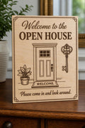 Classic Entry engraved birch open-house welcome sign upright on a refined entry console with a door, plant, and key.