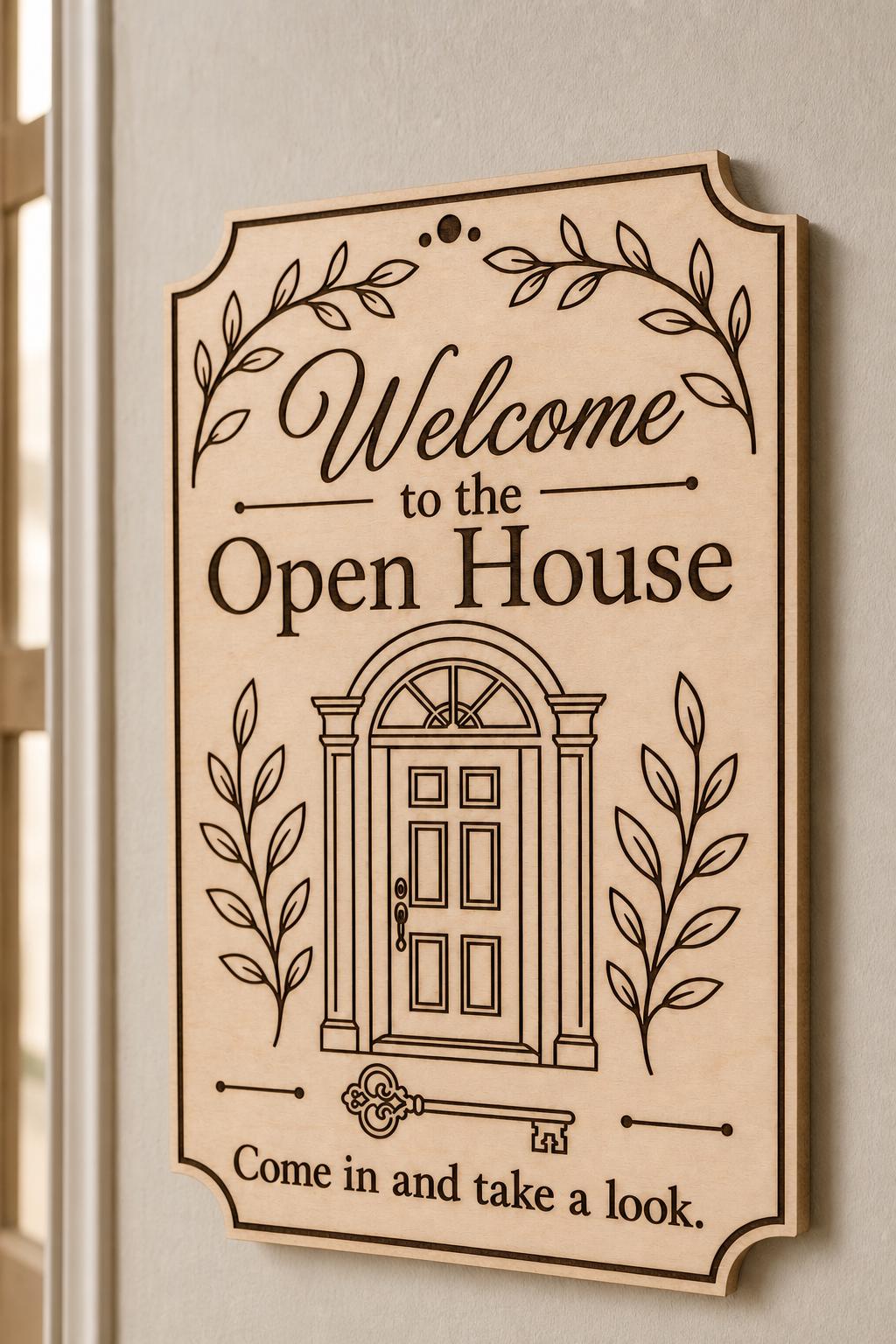 BotanicalEntry engraved birch open-house welcome sign mounted on a warm neutral wall from a close side angle.