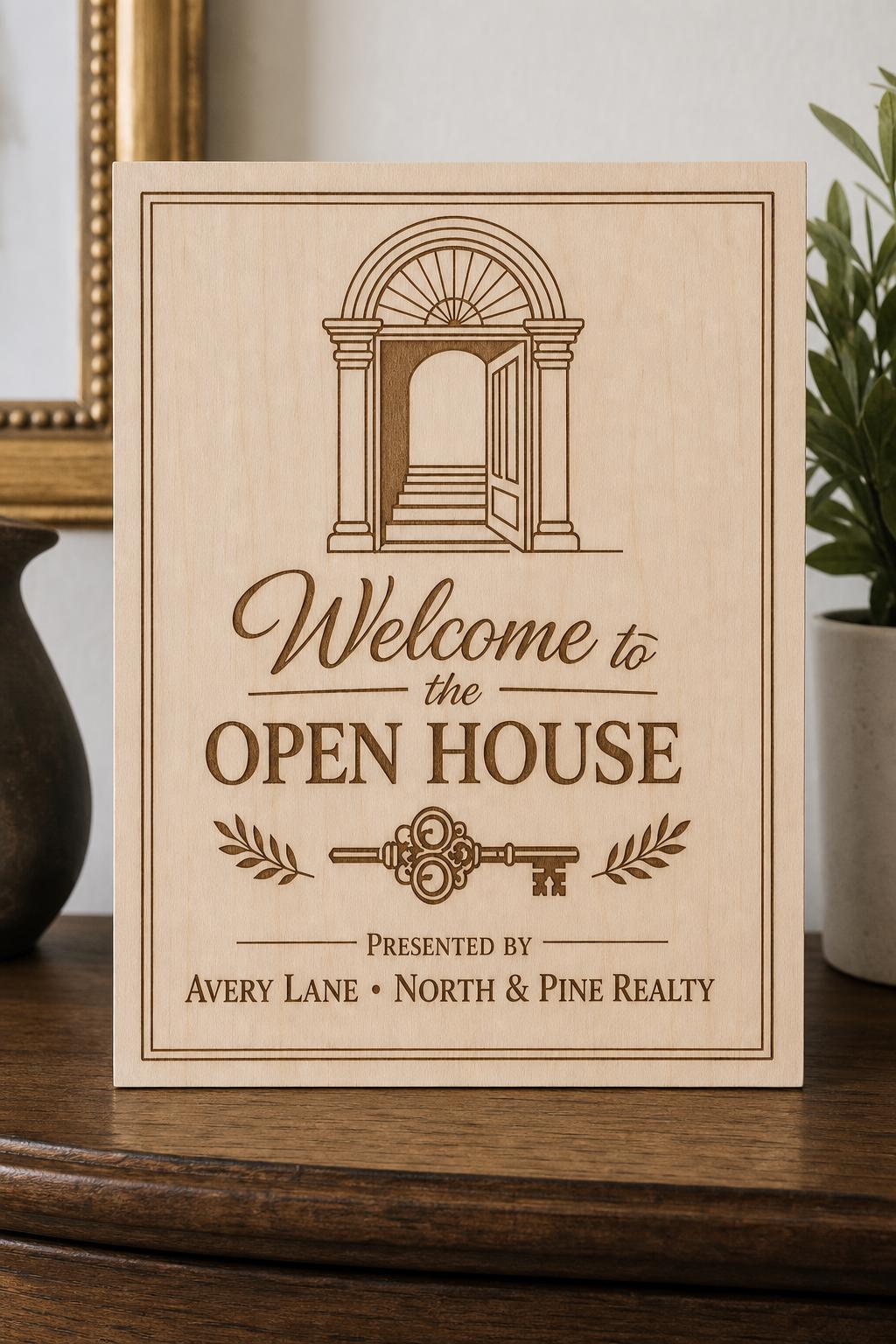 PresentedEntry engraved birch open-house sign upright on a refined console with Avery Lane and North and Pine Realty.