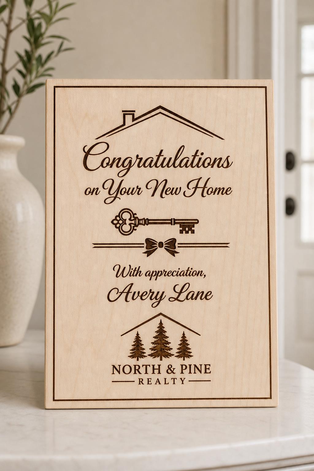 Closing Key engraved birch appreciation sign upright in a refined closing-table setting with North and Pine Realty and Avery Lane.