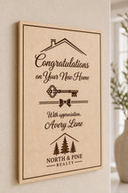 Closing Key engraved birch appreciation sign mounted on a neutral wall from a close side angle.