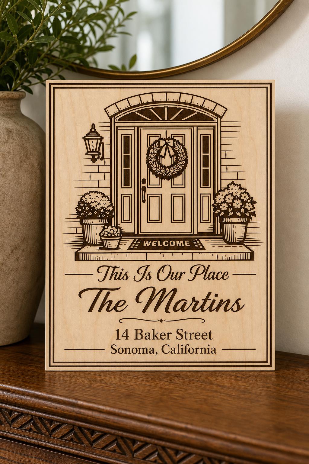 Front Door Our Place engraved birch sign shown close up with a detailed entry, Martin family name, and Sonoma, California.