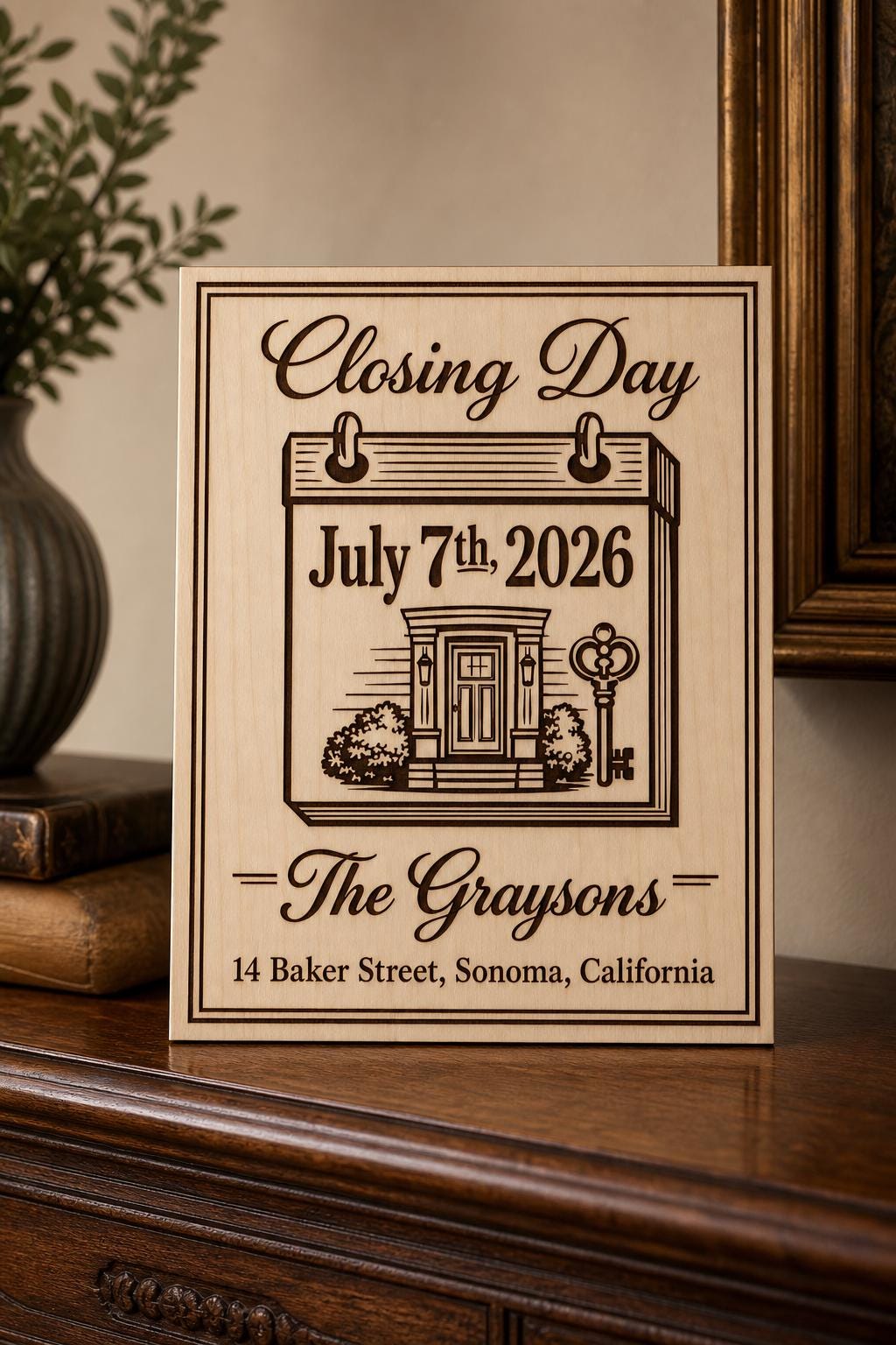 Classic Closing Day engraved birch sign shown close up with July 7, 2026, the Grayson family name, front door, and key.
