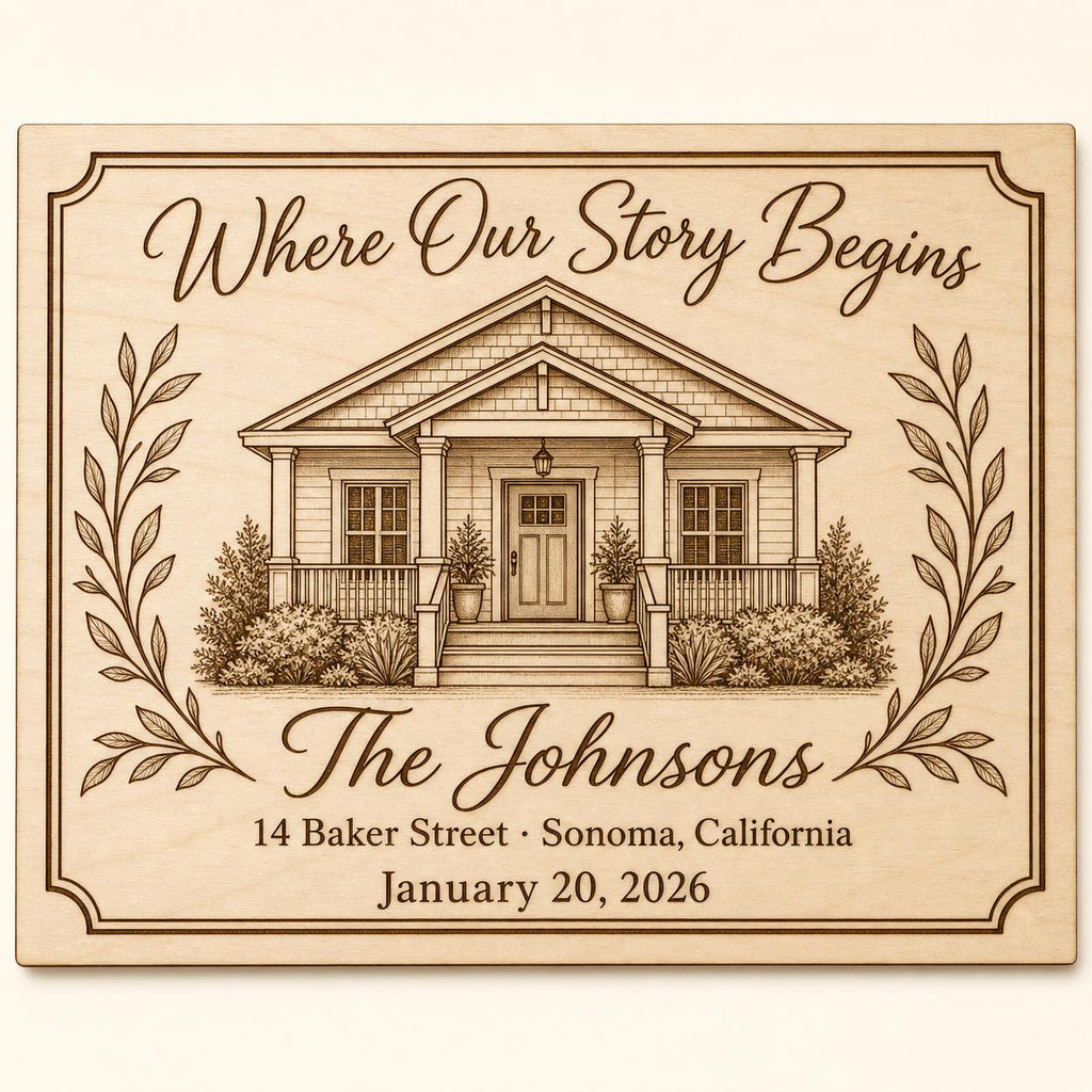 Story Begins engraved birch sign shown close up with a detailed house, Johnson family name, 14 Baker Street, and January 20, 2026.