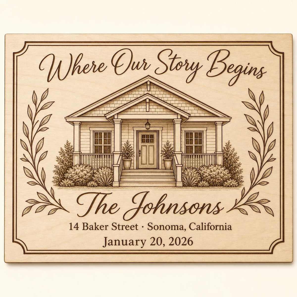 Story Begins engraved birch sign shown close up with a detailed house, Johnson family name, 14 Baker Street, and January 20, 2026.