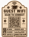 Coffee & Connection Guest WiFi Sign engraved birch sign shown close up against a plain warm white background in natural birch and dark engraving with a complete QR code and sample guest network details.