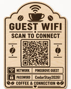 Coffee & Connection Guest WiFi Sign engraved birch sign shown close up against a plain warm white background in natural birch and dark engraving with a complete QR code and sample guest network details.