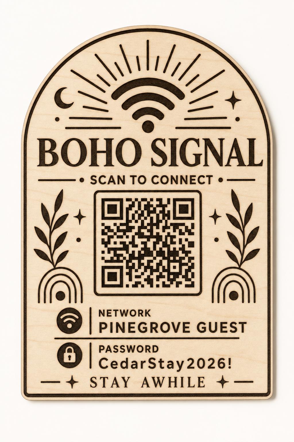 Boho Signal Guest WiFi Sign engraved birch sign shown close up against a plain warm white background in natural birch and dark engraving with a complete QR code and sample guest network details.