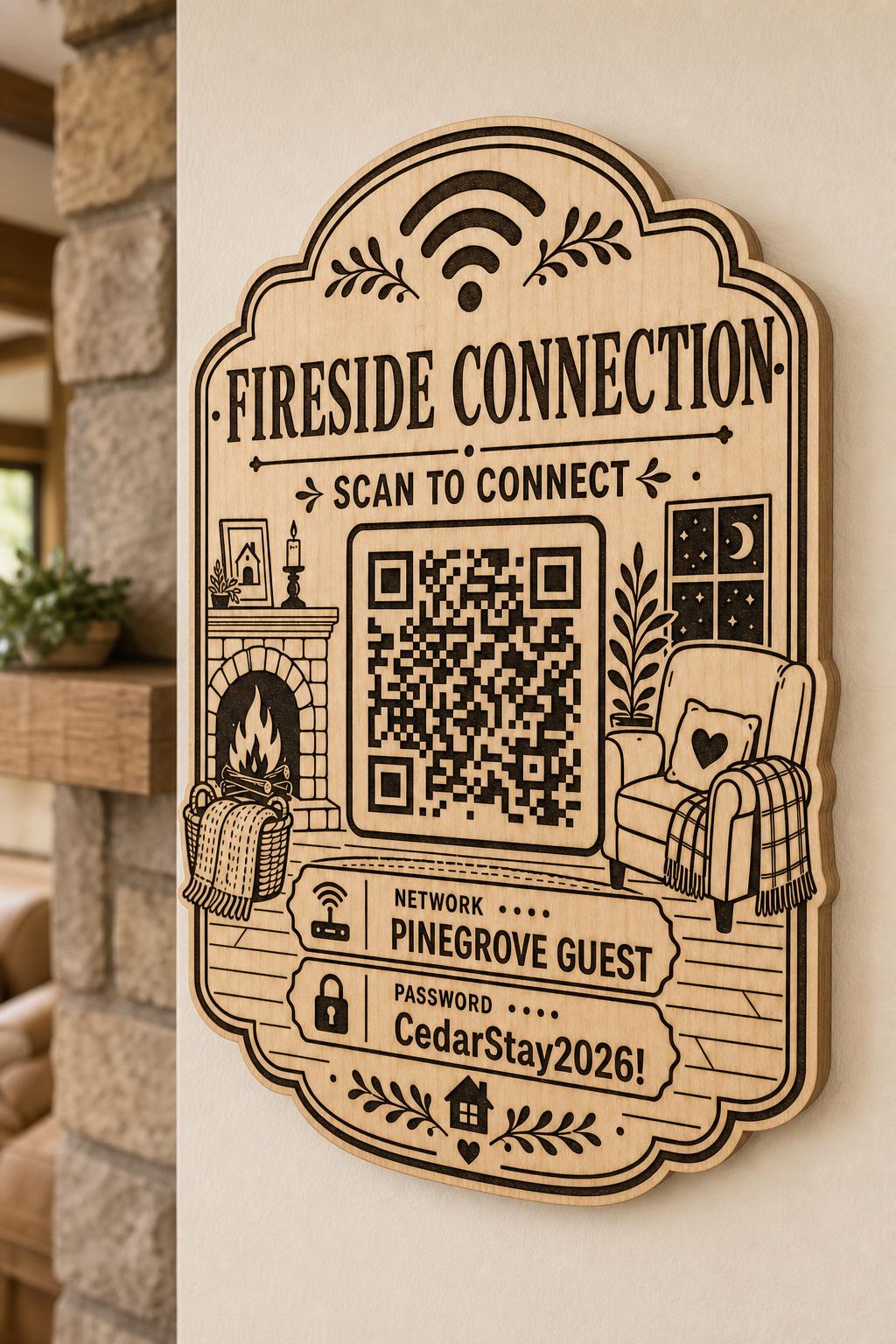 Fireside Connection Guest WiFi Sign engraved birch sign mounted on a realistic neutral interior wall from a close side angle in natural birch and dark engraving, showing the QR code and guest network details.