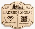 Lakeside Signal WiFi Sign engraved birch sign shown close up against a plain warm white background in natural birch and dark engraving with a complete QR code and sample guest network details.