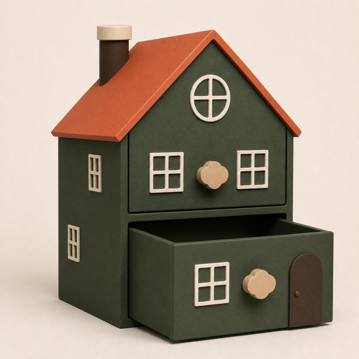 Forest Schoolhouse Little Nook cottage organizer with the deep lower drawer open against a plain warm background.
