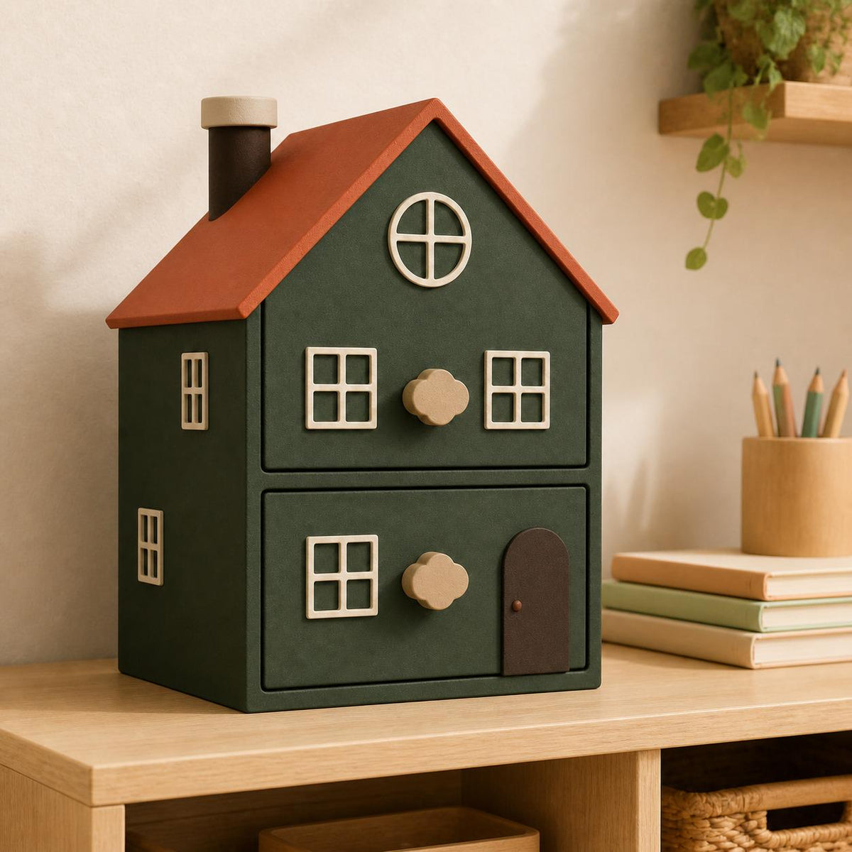 Forest Schoolhouse Little Nook cottage drawers on a light wood shelf in a calm homeschool learning space.