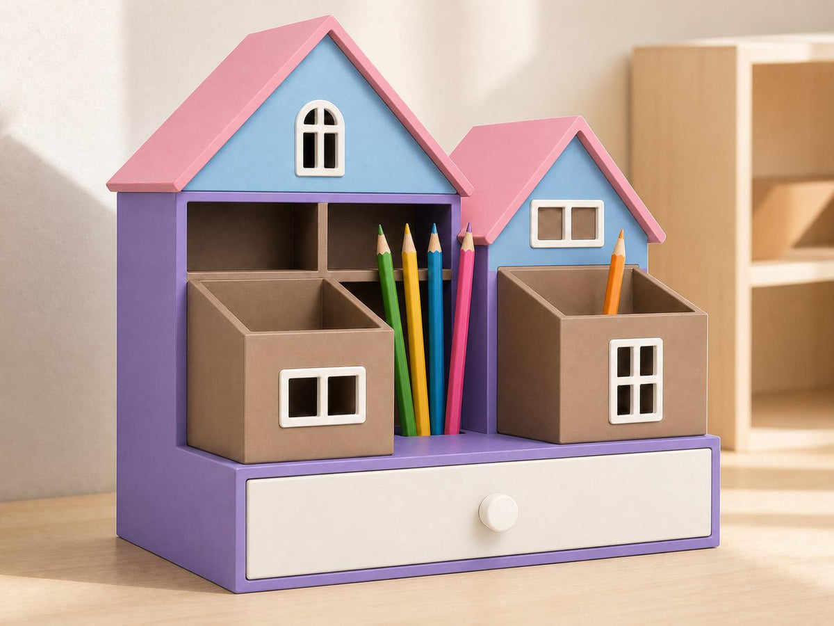 Storybook Pastel cottage organizer holding colored pencils on a light birch homeschool desk.