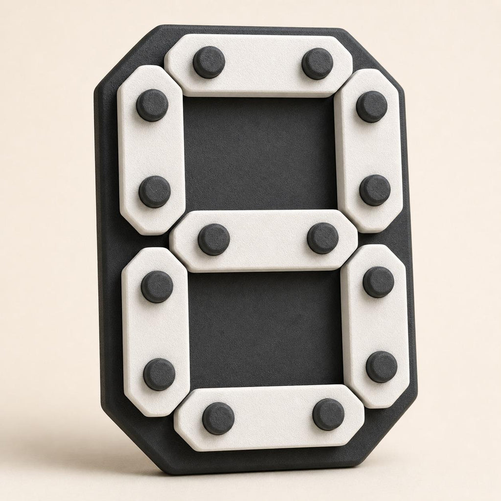 Chalk Contrast DigitPath number board with ivory bars and charcoal round guides forming the numeral 8, close front three-quarter view.