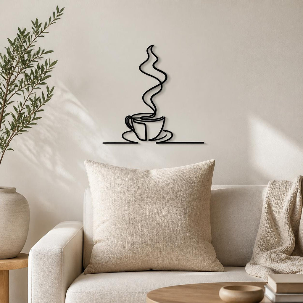 Coffee Cup wall art in black, shown at 12-inch scale in a modern living room