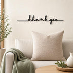 Thank You Script wall art in black, shown at 12-inch scale in a modern living room