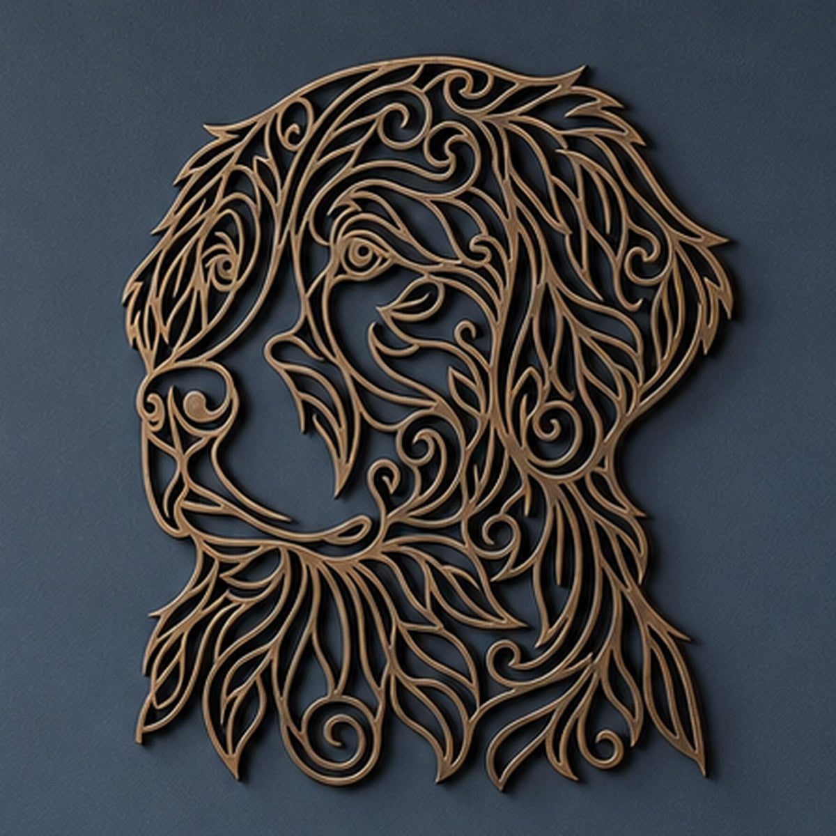 Close-up of Bernese Mountain Dog filigree wall art in Cocoa Brown in a contrasting room