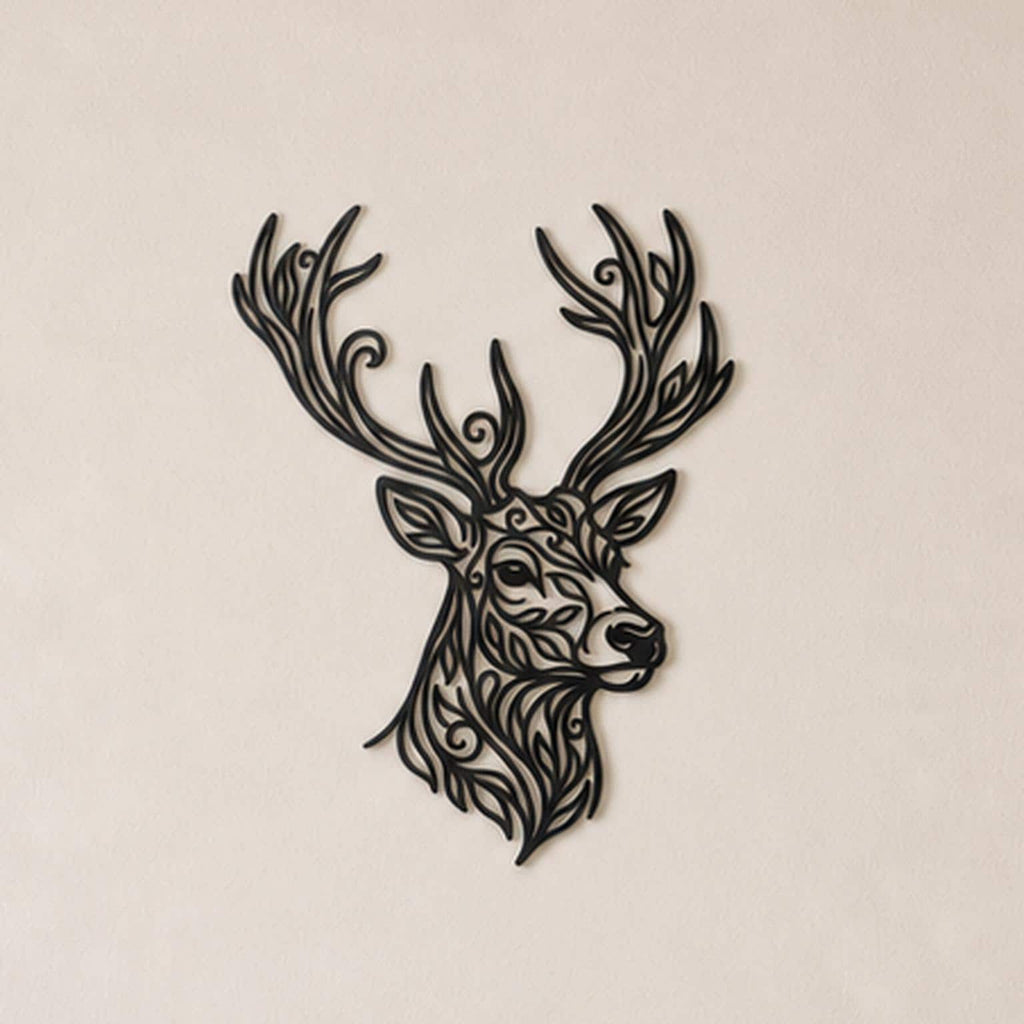 Close-up of Deer Head filigree wall art in black at accurate 12-inch scale