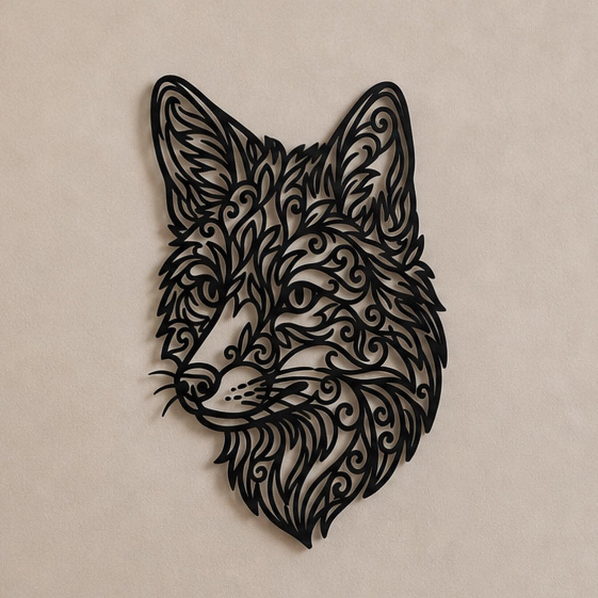 Close-up of Fox Head filigree wall art in black at accurate 12-inch scale