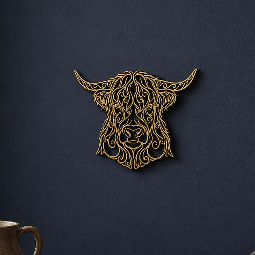 Close-up of Highland Cow filigree wall art in Cocoa Brown in a contrasting room
