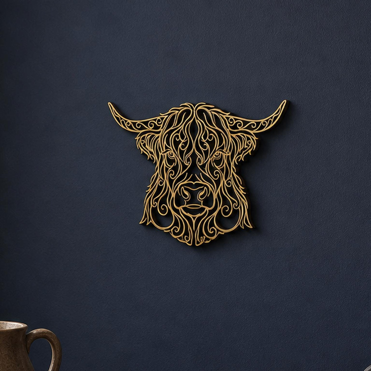 Close-up of Highland Cow filigree wall art in Cocoa Brown in a contrasting room