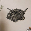 Close-up of Highland Cow Profile filigree wall art in black at accurate 12-inch scale