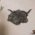 Close-up of Highland Cow Profile filigree wall art in black at accurate 12-inch scale