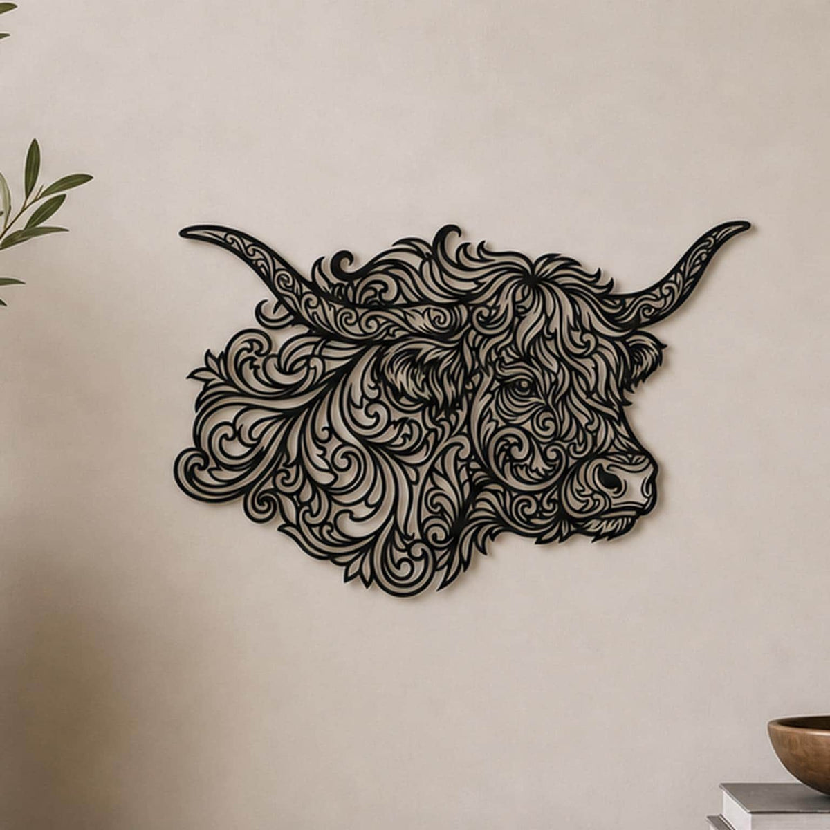 Close-up of Highland Cow Profile filigree wall art in black at accurate 12-inch scale