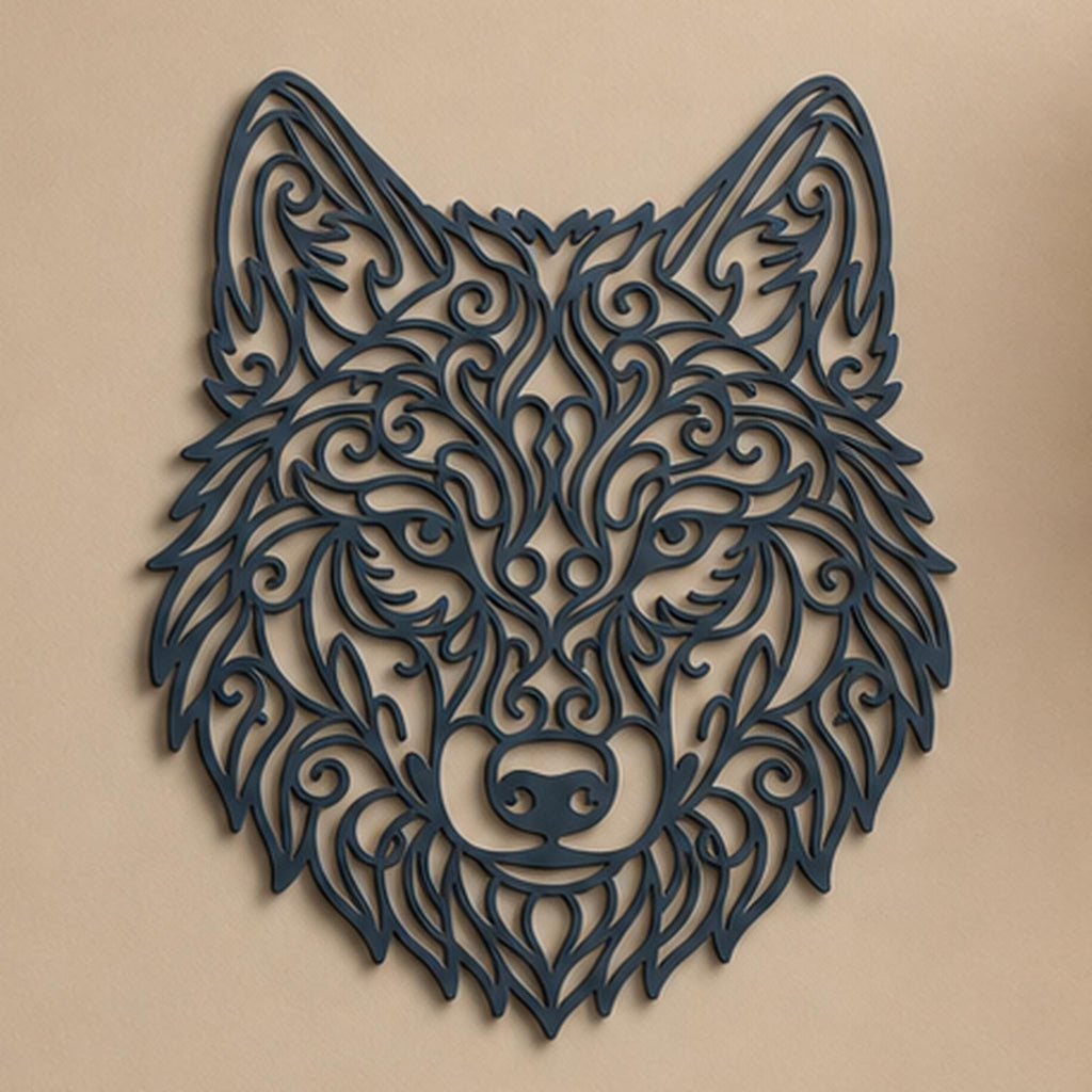 Close-up of Wolf Head filigree wall art in Blue Grey in a contrasting room
