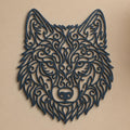 Close-up of Wolf Head filigree wall art in Blue Grey in a contrasting room