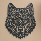 Close-up of Wolf Head filigree wall art in Blue Grey in a contrasting room