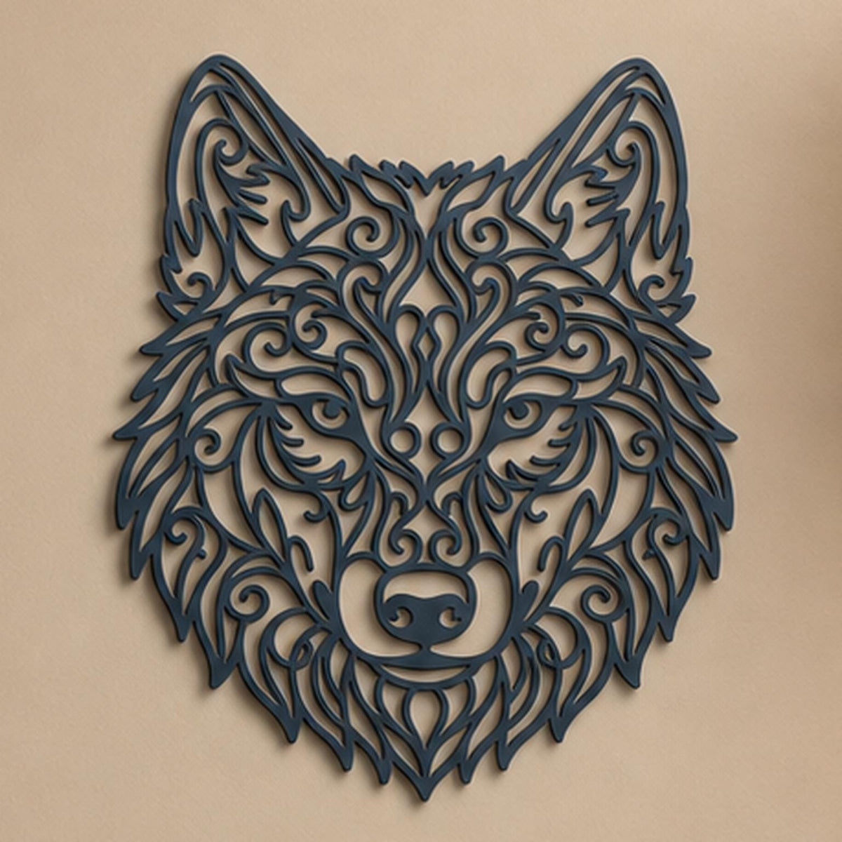 Close-up of Wolf Head filigree wall art in Blue Grey in a contrasting room