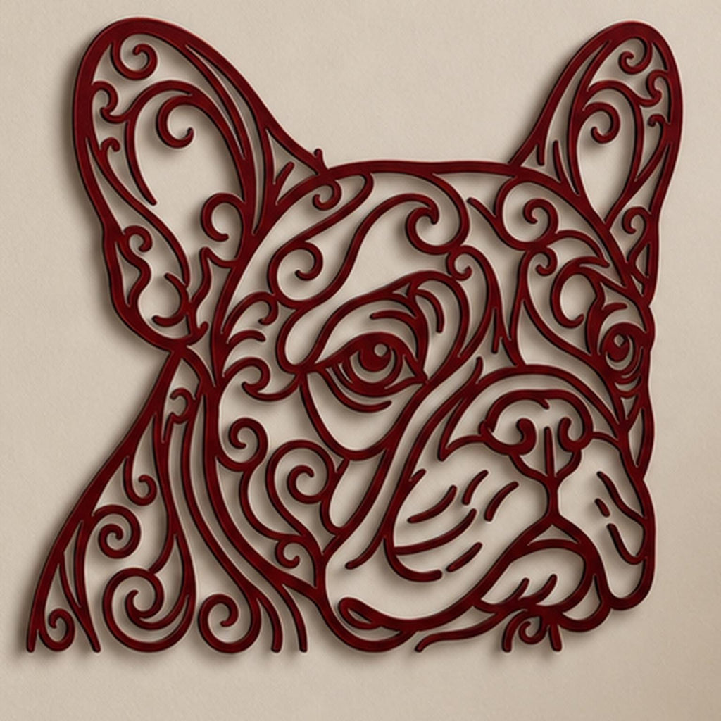 Close-up of Bulldog filigree wall art in Red in a contrasting room