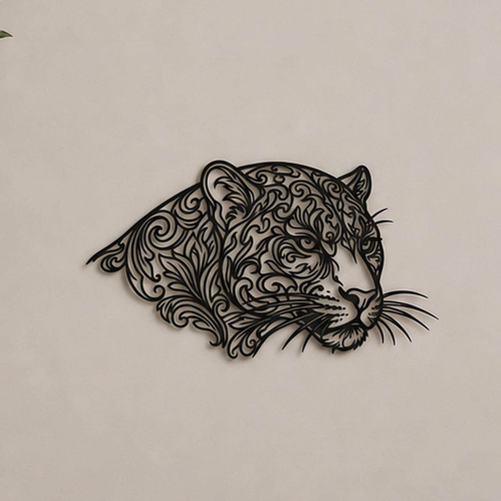 Close-up of Cat Head filigree wall art in black at accurate 12-inch scale