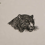 Close-up of Cat Head filigree wall art in black at accurate 12-inch scale