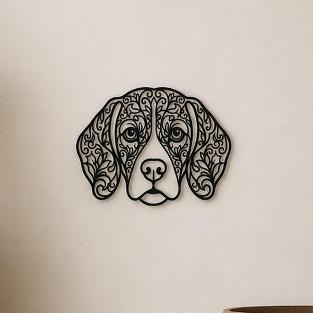 Close-up of Beagle filigree wall art in black at accurate 12-inch scale